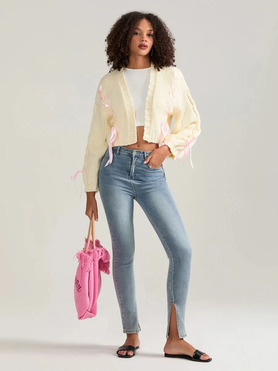 Pink Ribbons Knitted Cardigan Sweater