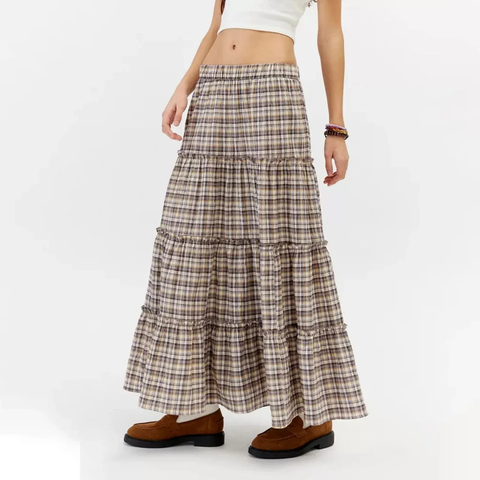 Plaid Pattern Tiered Maxi Skirt