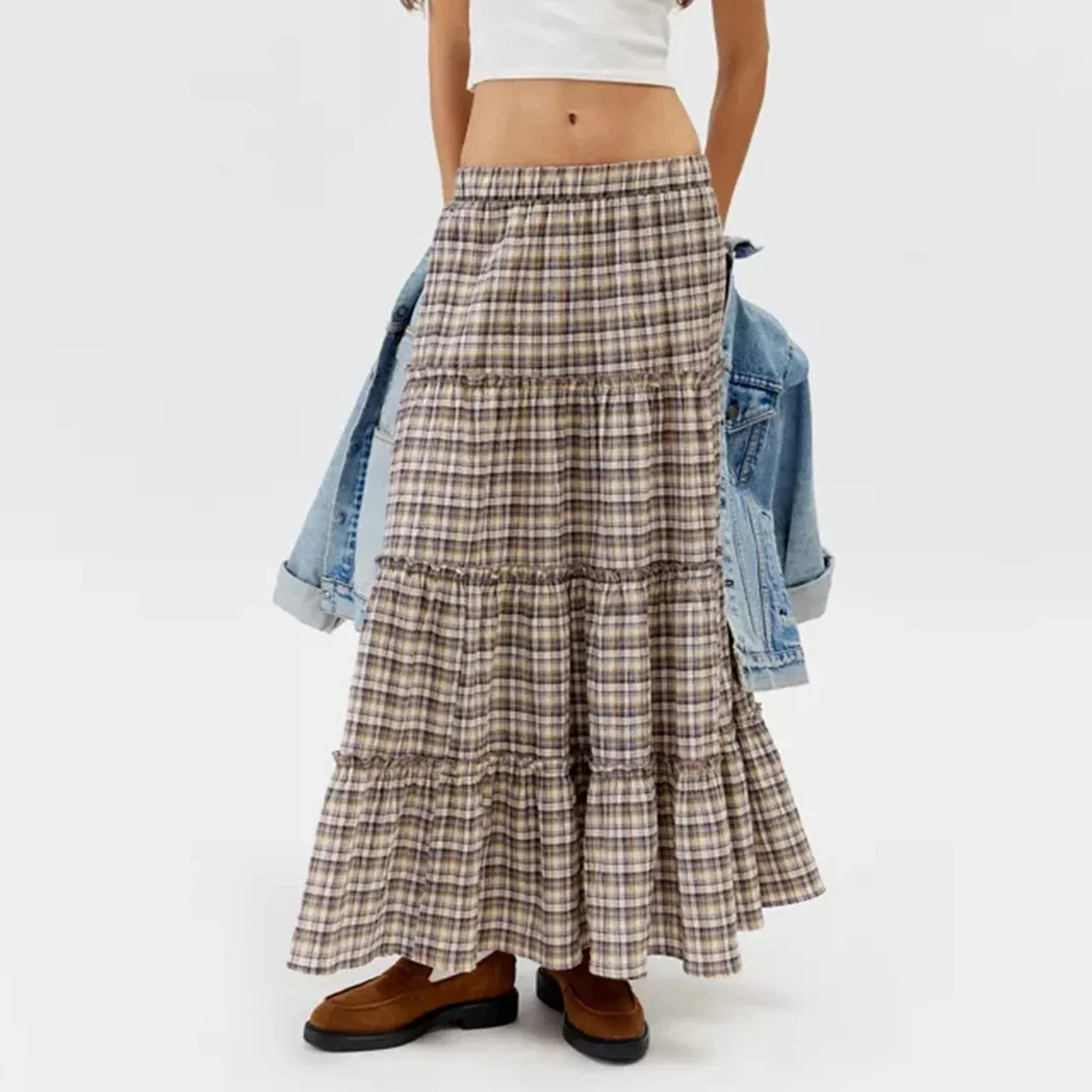Plaid Pattern Tiered Maxi Skirt