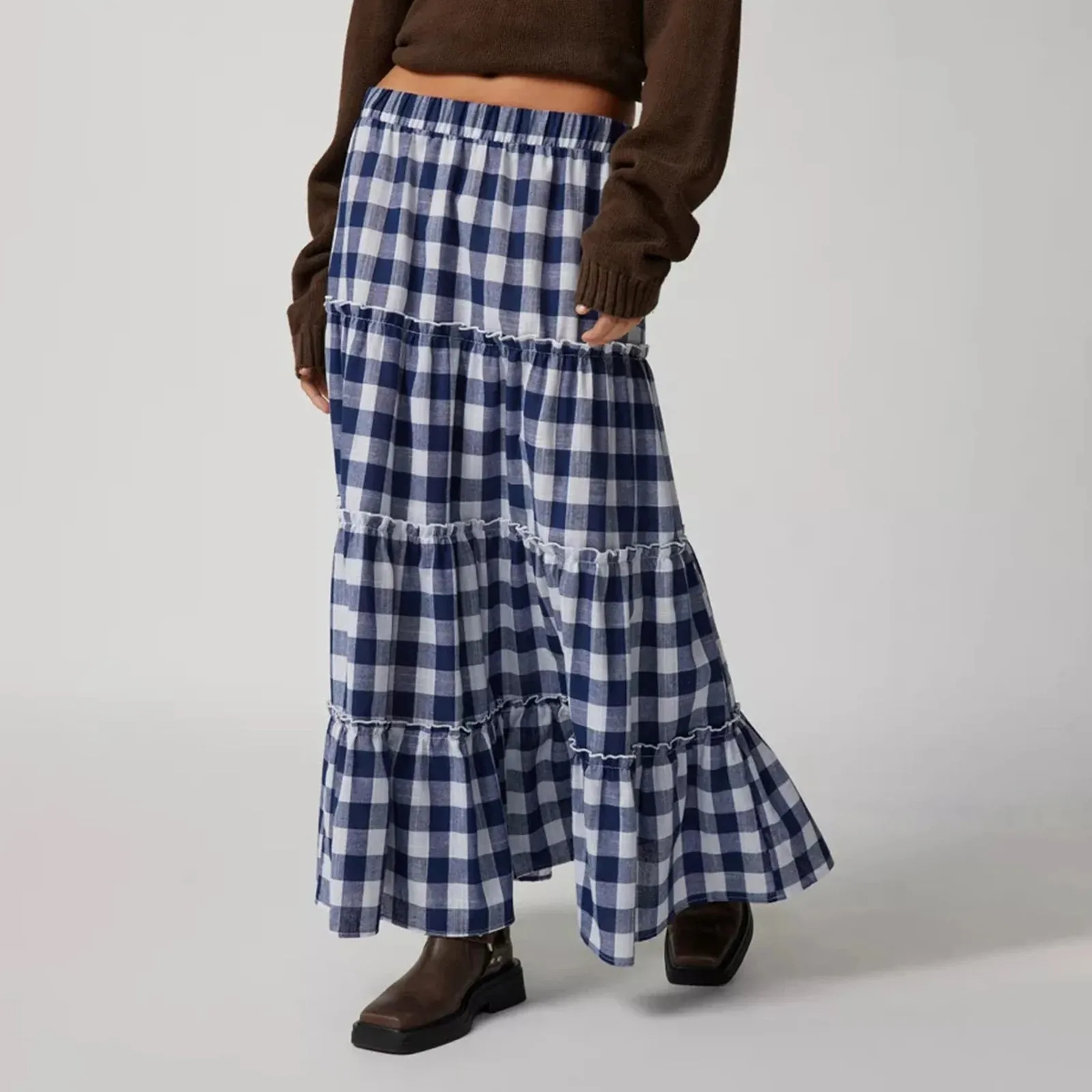 Plaid Pattern Tiered Maxi Skirt