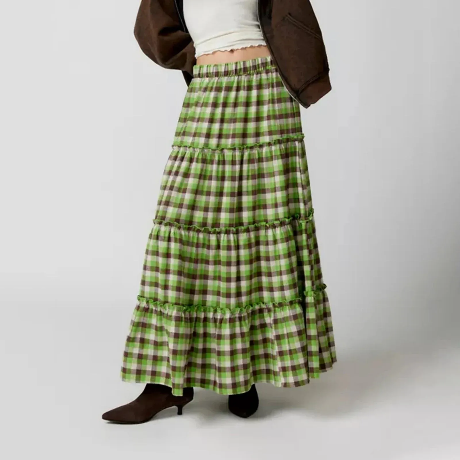 Plaid Pattern Tiered Maxi Skirt