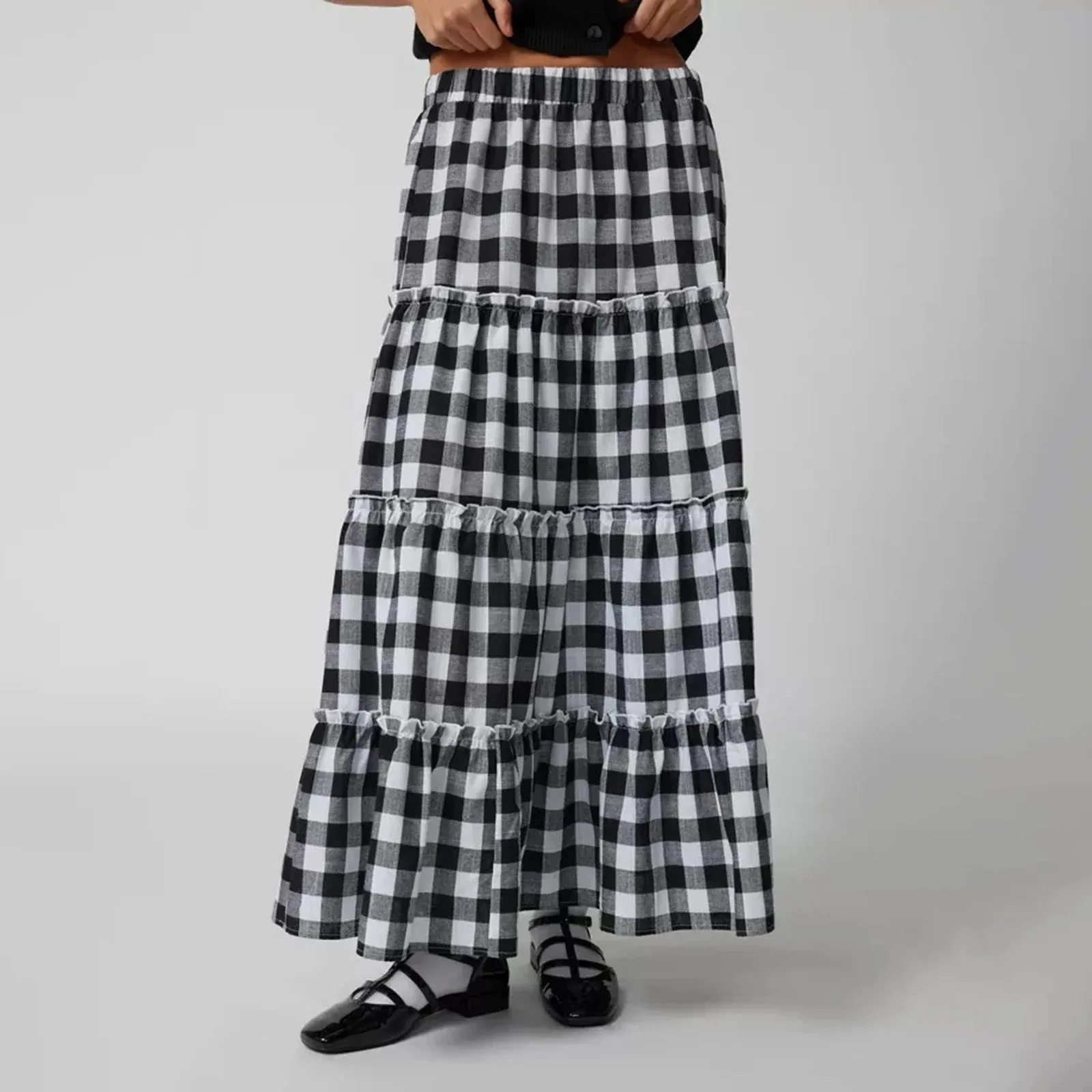 Plaid Pattern Tiered Maxi Skirt
