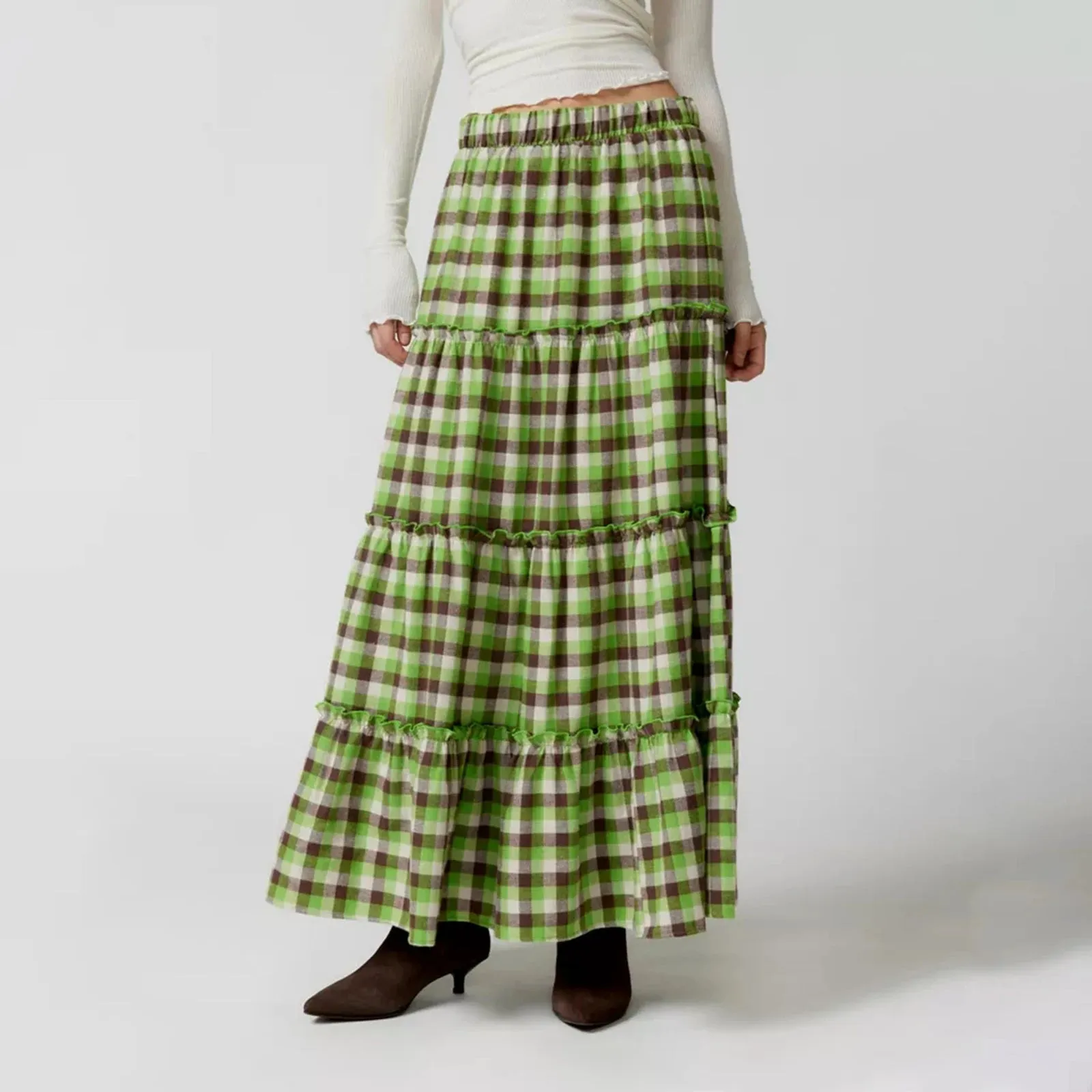 Plaid Pattern Tiered Maxi Skirt