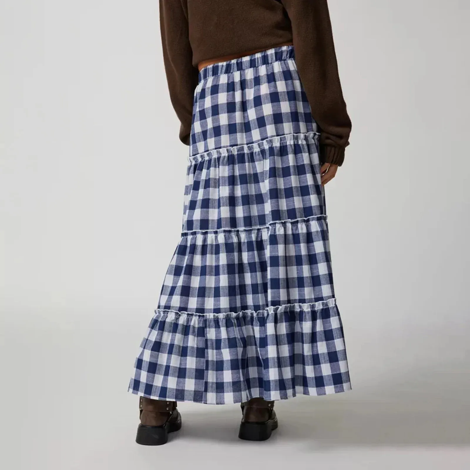 Plaid Pattern Tiered Maxi Skirt