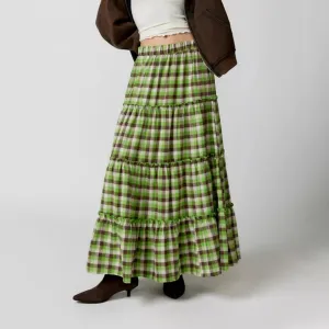 Plaid Pattern Tiered Maxi Skirt