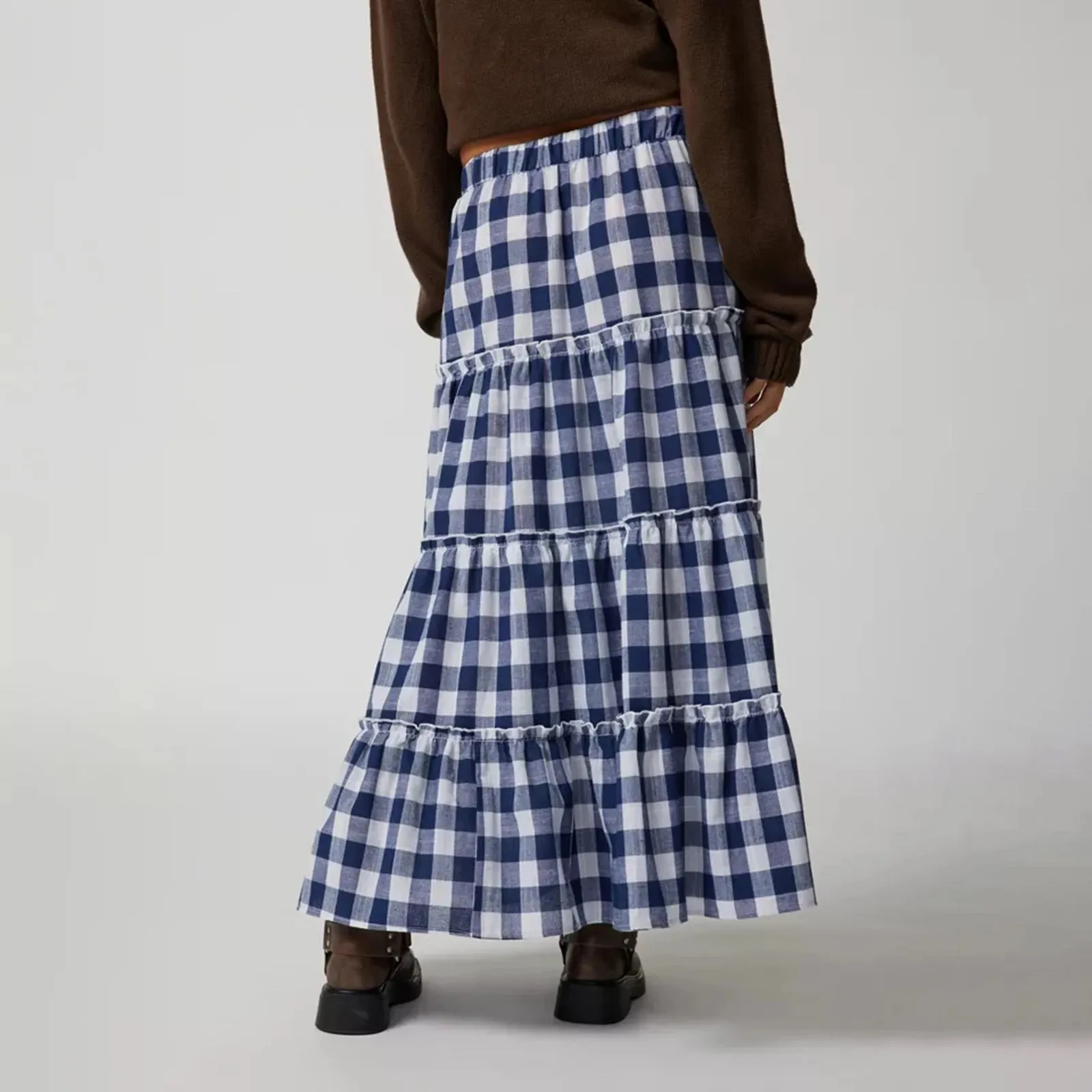 Plaid Pattern Tiered Maxi Skirt