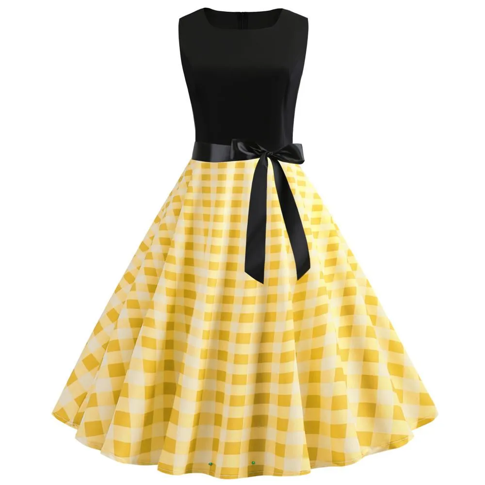 Plaid Print Sleeveless Belt Vintage Dresses