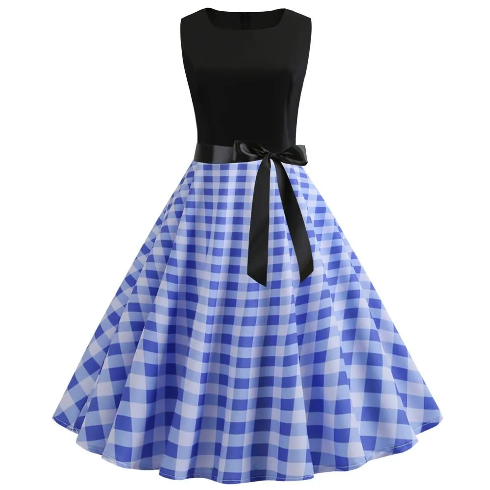 Plaid Print Sleeveless Belt Vintage Dresses