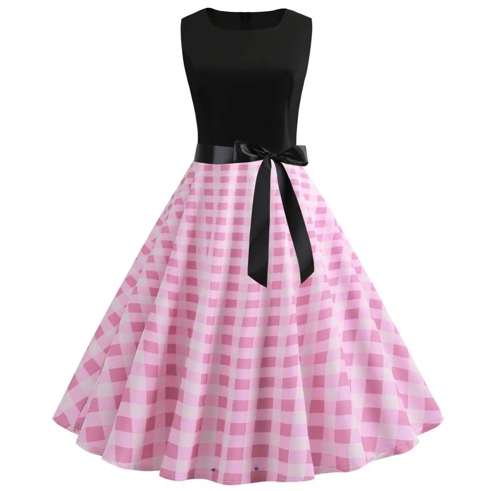 Plaid Print Sleeveless Belt Vintage Dresses