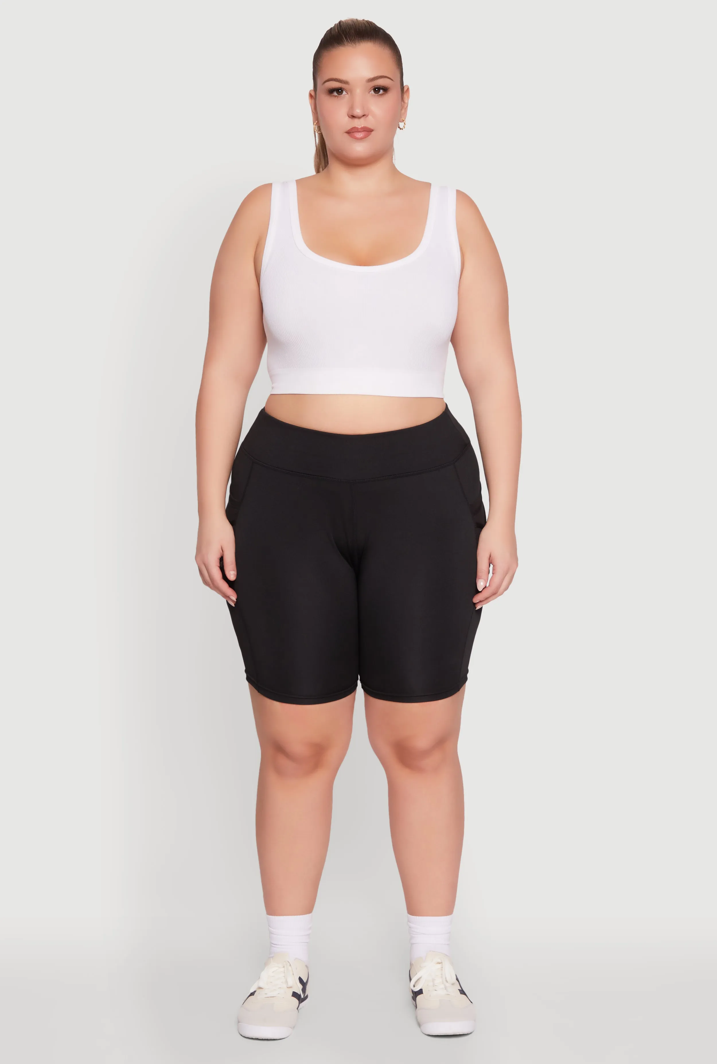 Plus Size Caged Mesh Cell Phone Pocket Biker Shorts