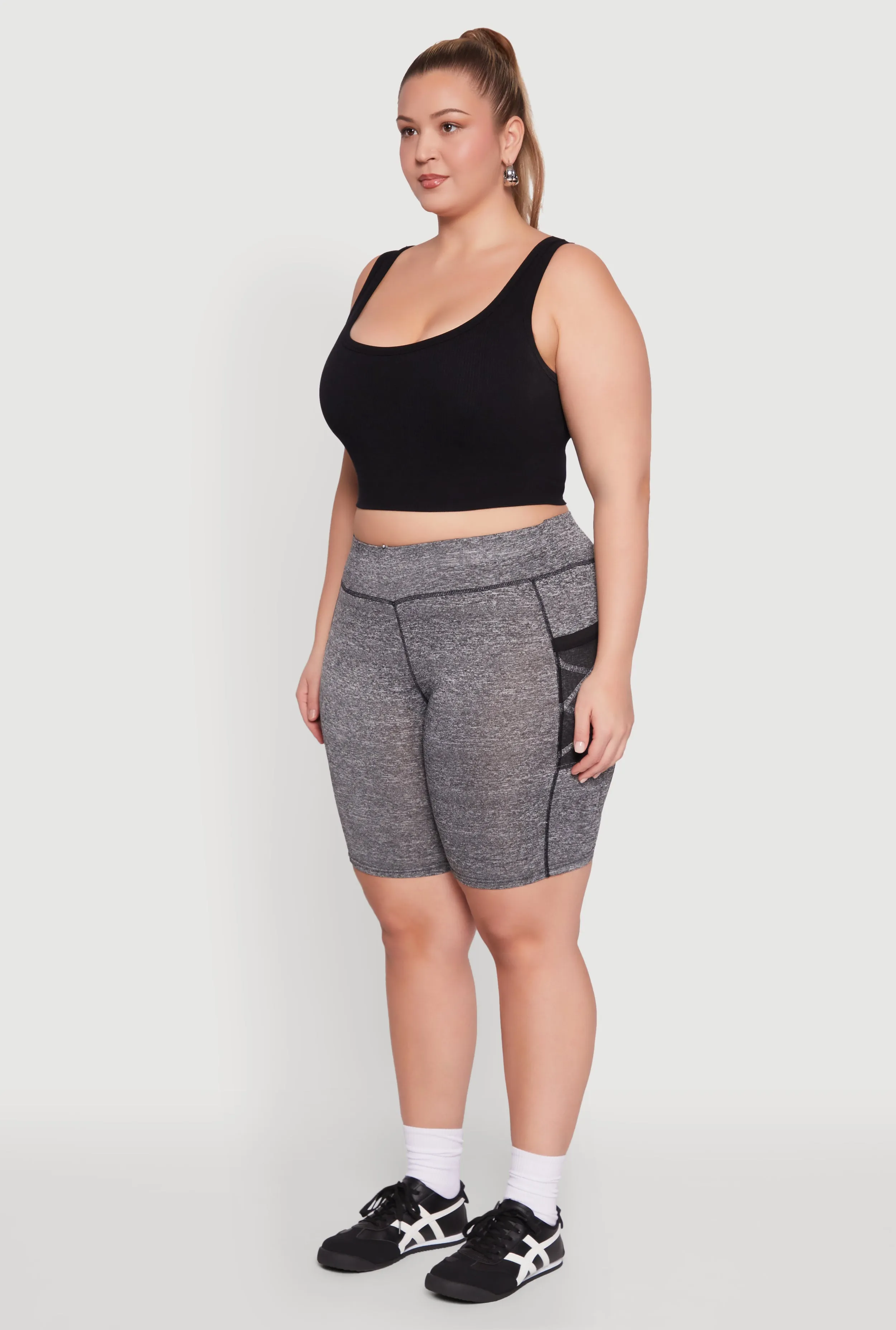 Plus Size Caged Mesh Cell Phone Pocket Biker Shorts