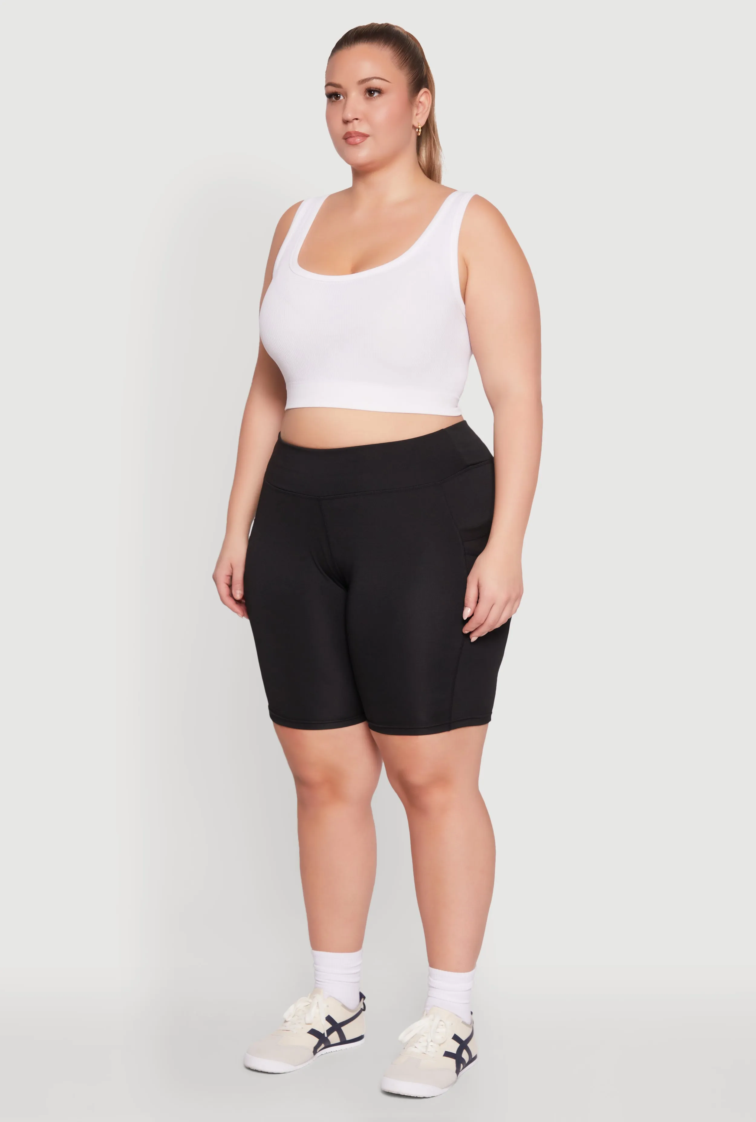 Plus Size Caged Mesh Cell Phone Pocket Biker Shorts