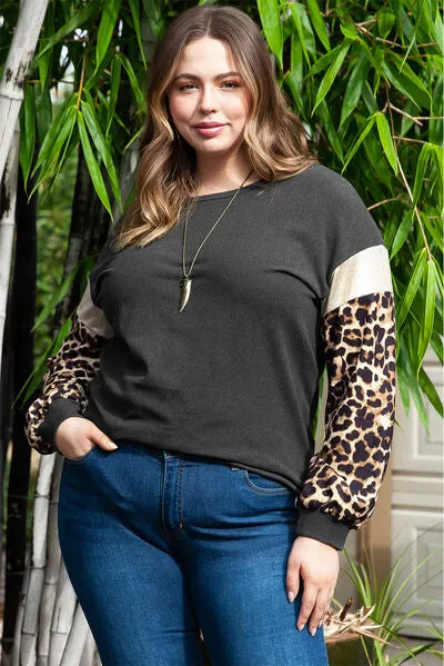 Plus Size Leopard Print Round Neck Dropped Shoulder Top