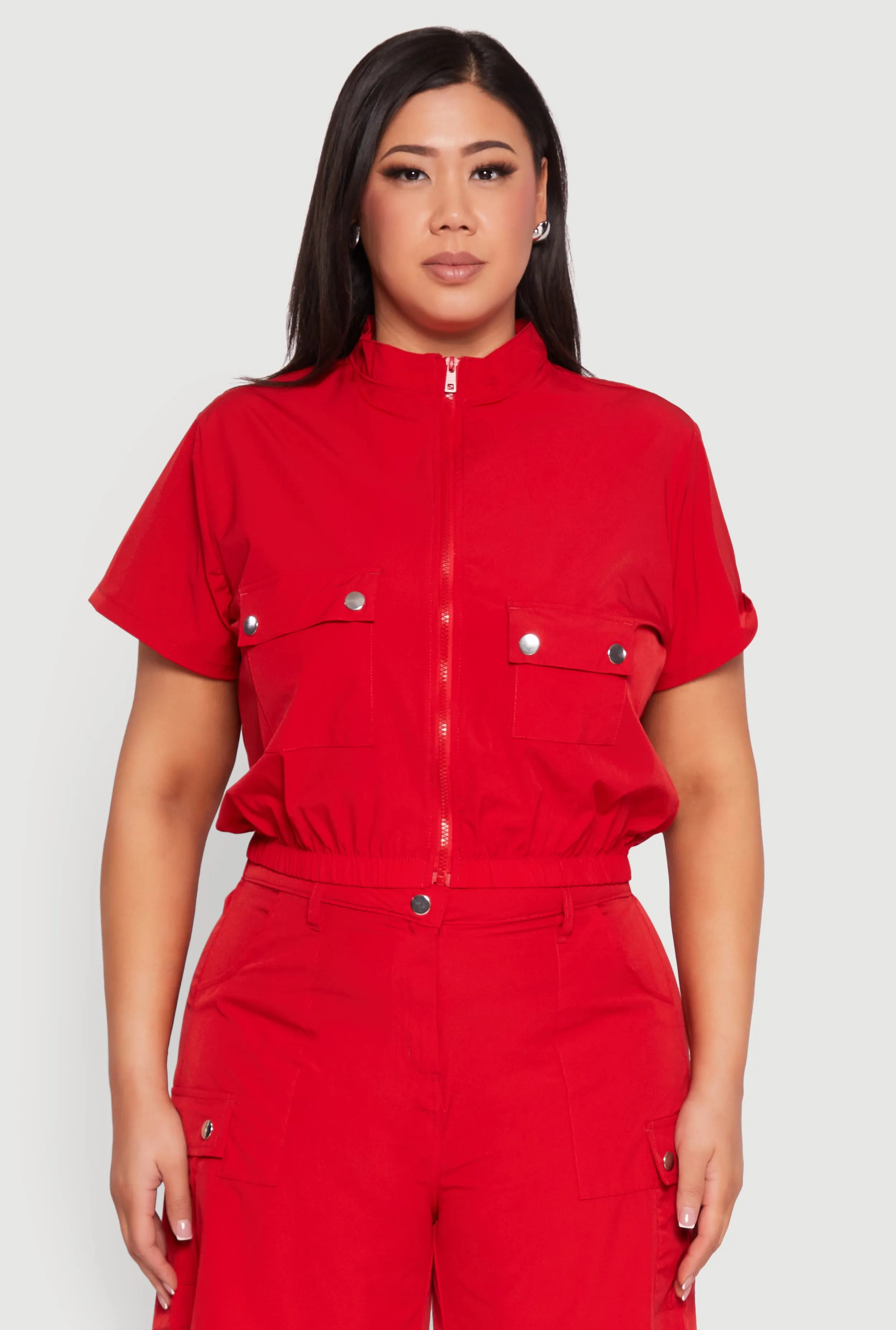 Plus Size Nylon Utility Zip Up Top