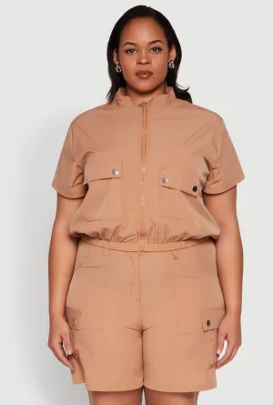 Plus Size Nylon Utility Zip Up Top