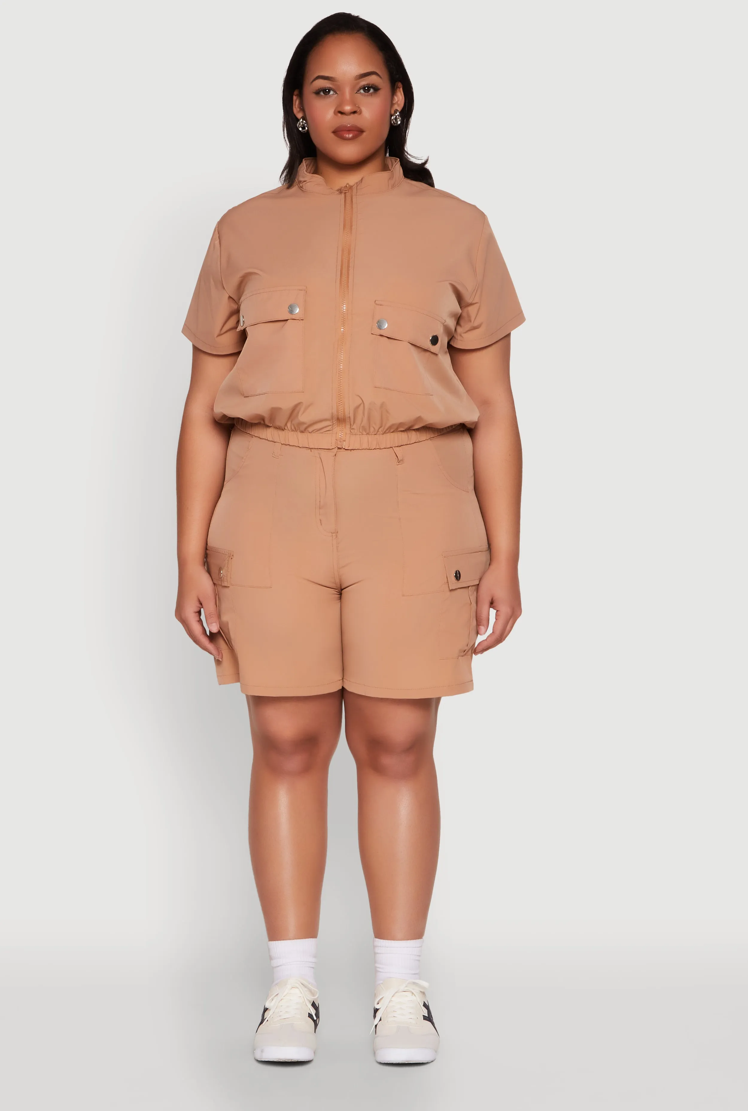 Plus Size Nylon Utility Zip Up Top
