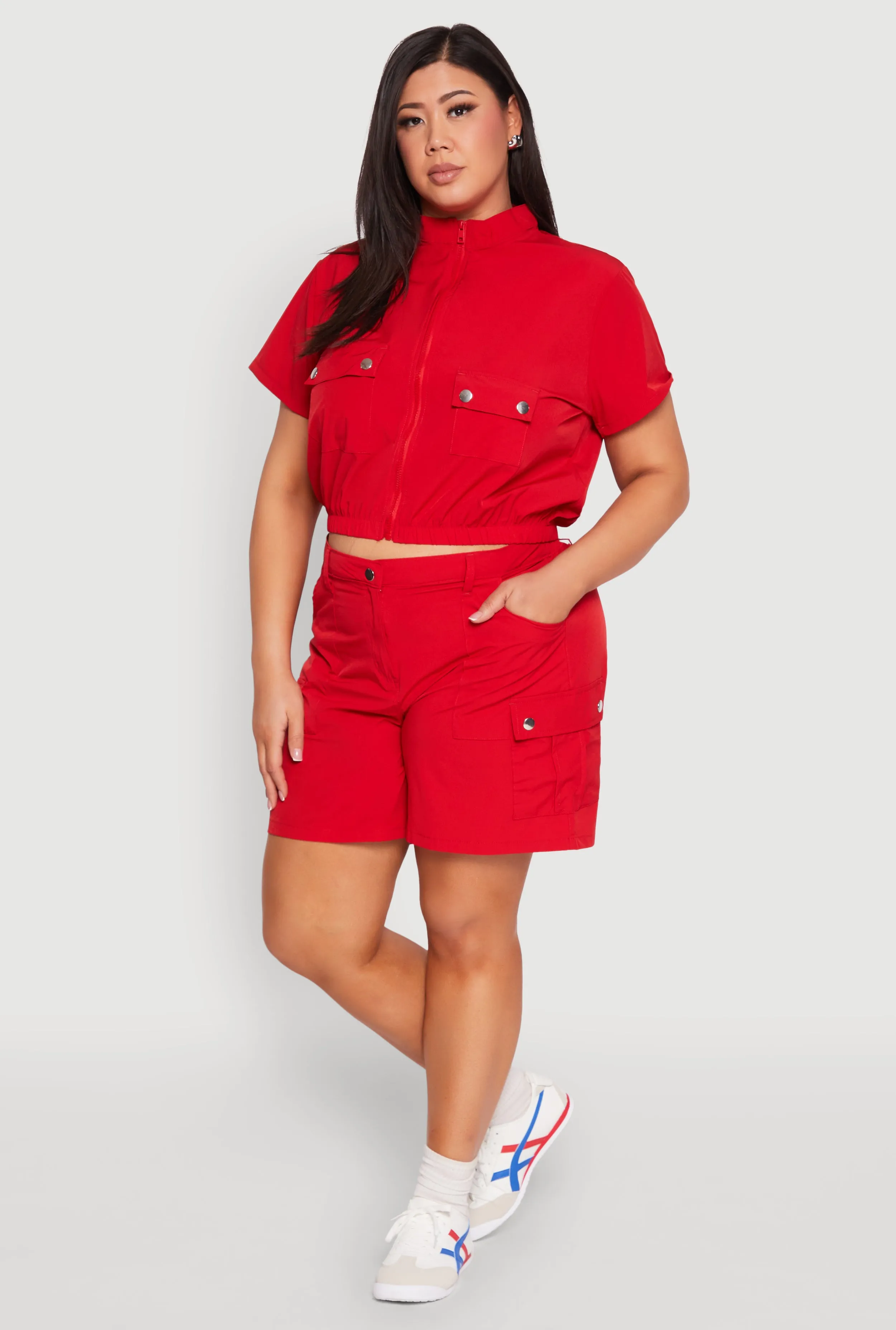 Plus Size Nylon Utility Zip Up Top