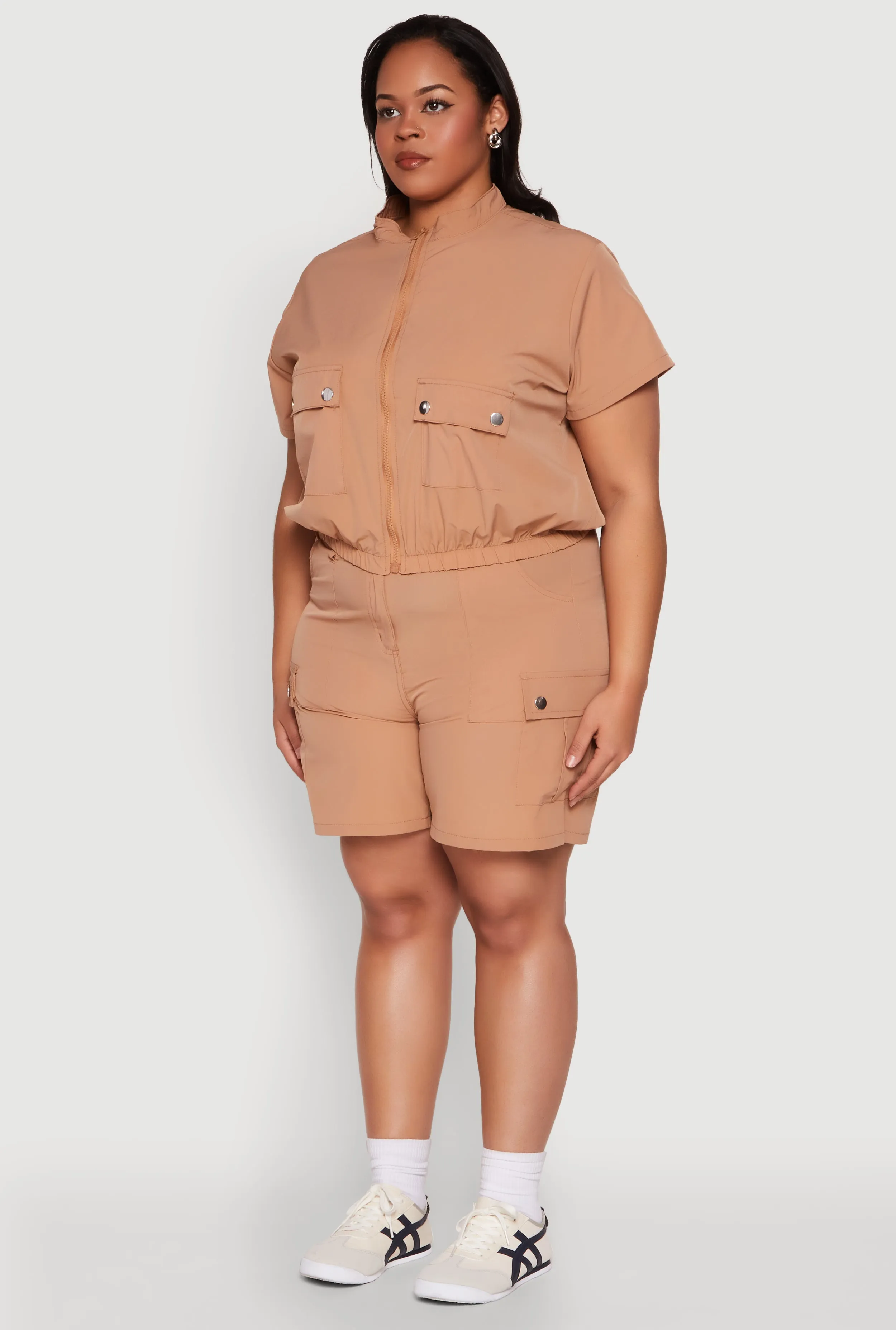 Plus Size Nylon Utility Zip Up Top