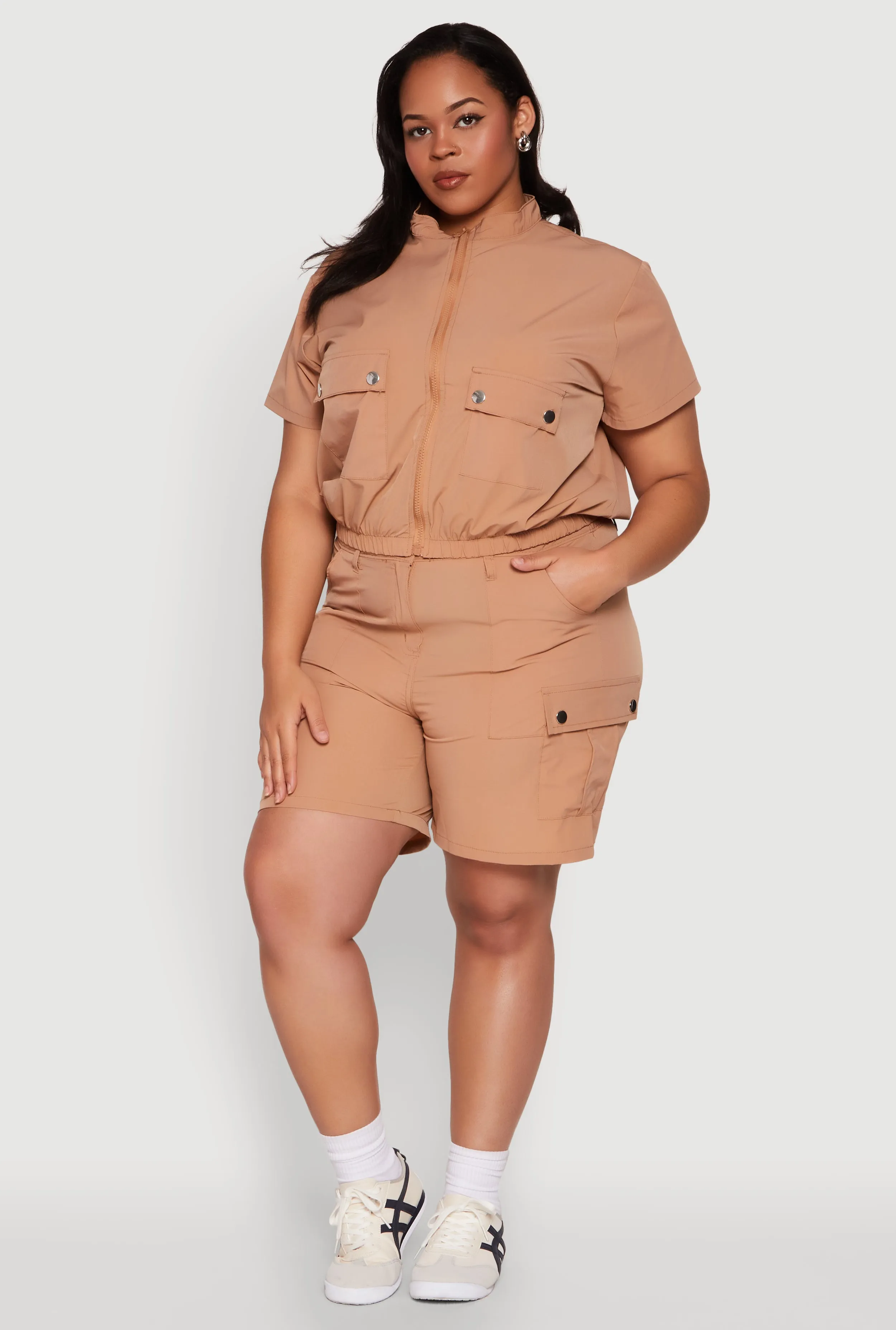 Plus Size Nylon Utility Zip Up Top