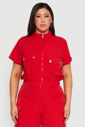 Plus Size Nylon Utility Zip Up Top