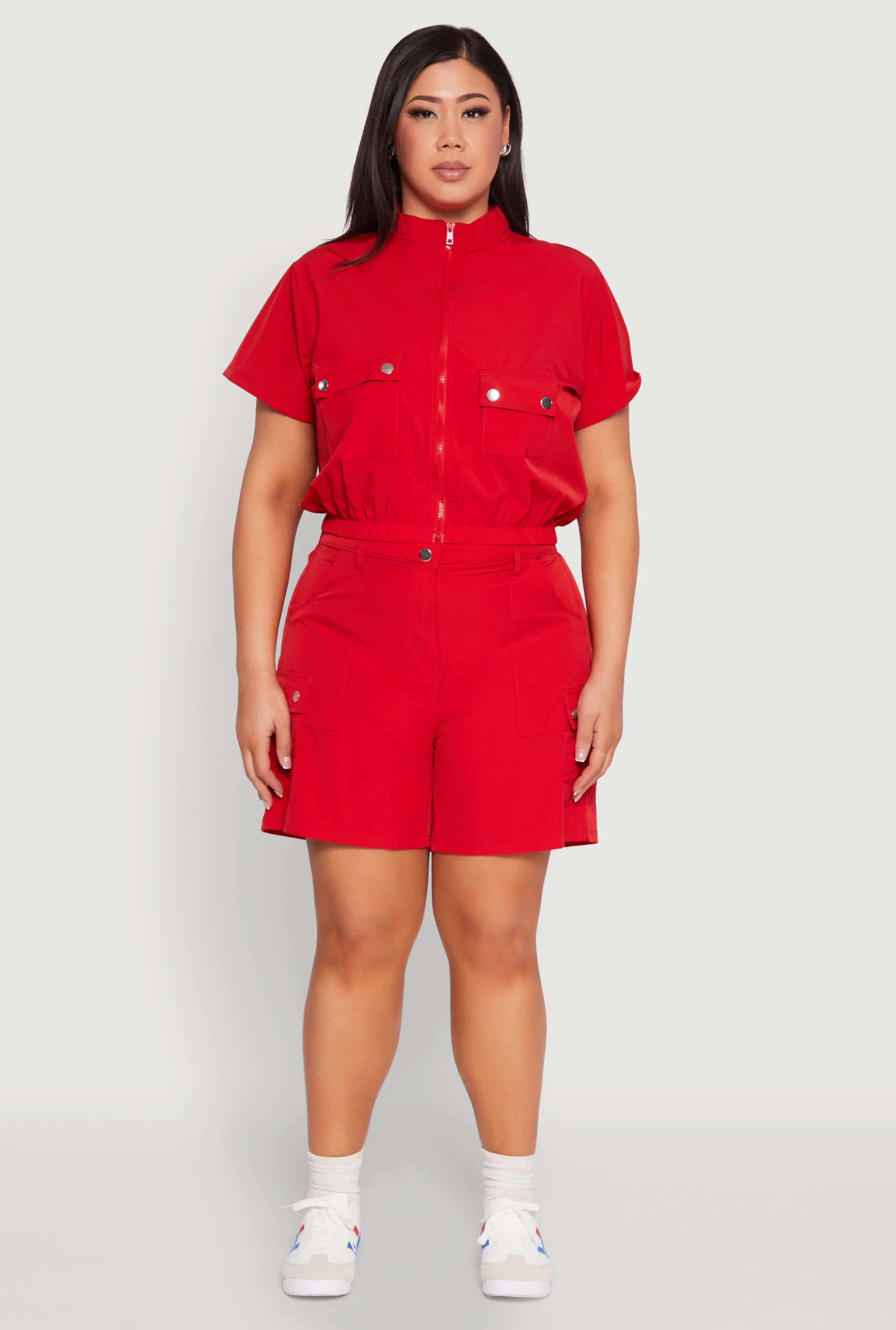 Plus Size Nylon Utility Zip Up Top