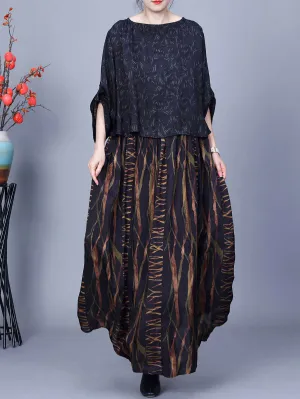 Plus Size Women Spring Vintage Spliced Loose O-Neck Dress