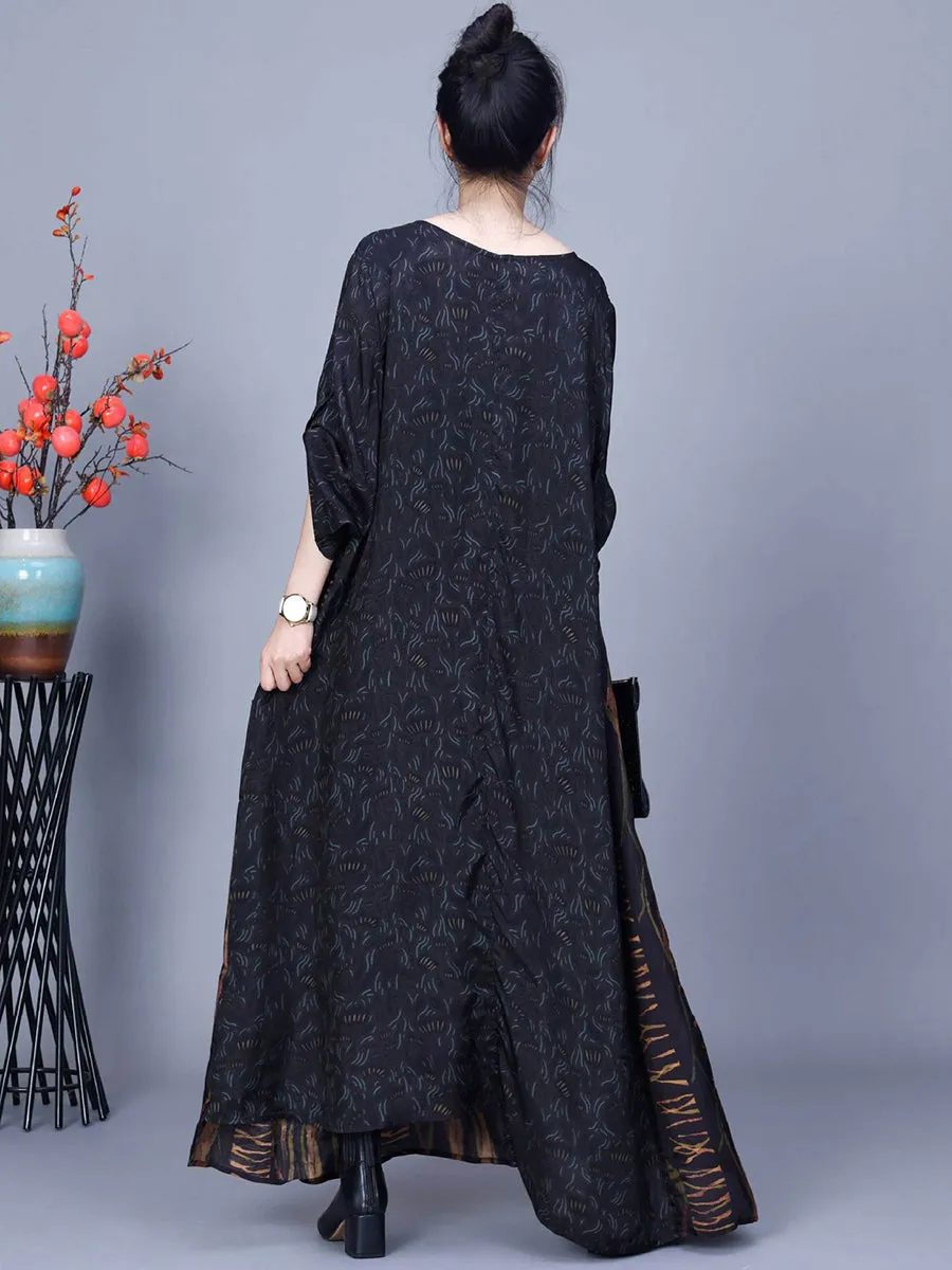 Plus Size Women Spring Vintage Spliced Loose O-Neck Dress