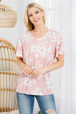 Print Waterfall Sleeve Cinch Waist Top