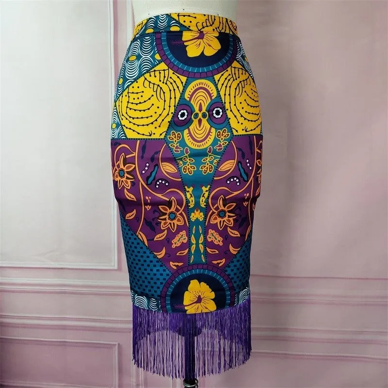 Printed Fringe High-Waisted Bodycon Skirt