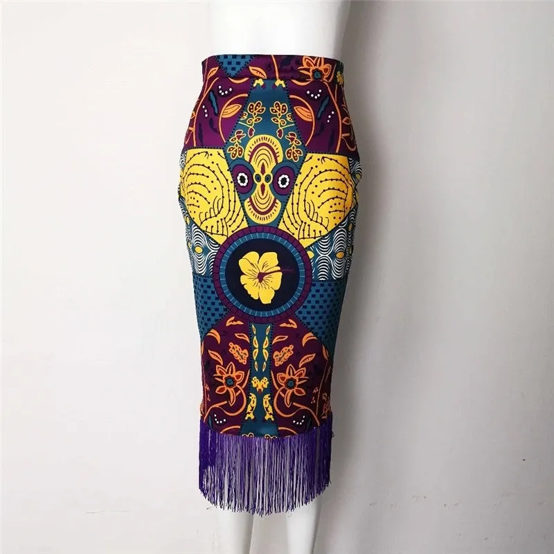 Printed Fringe High-Waisted Bodycon Skirt