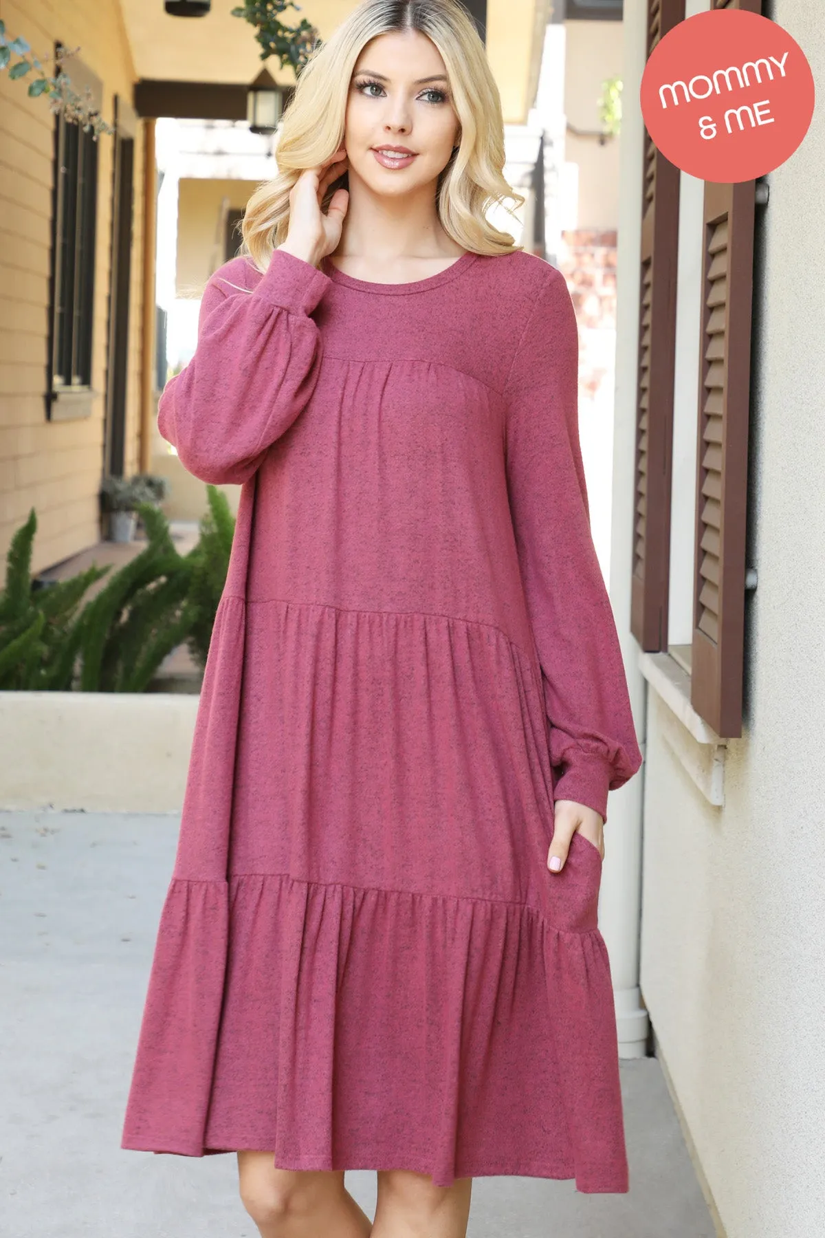 Puff Long Sleeve Tiered Hacci Brushed Dress