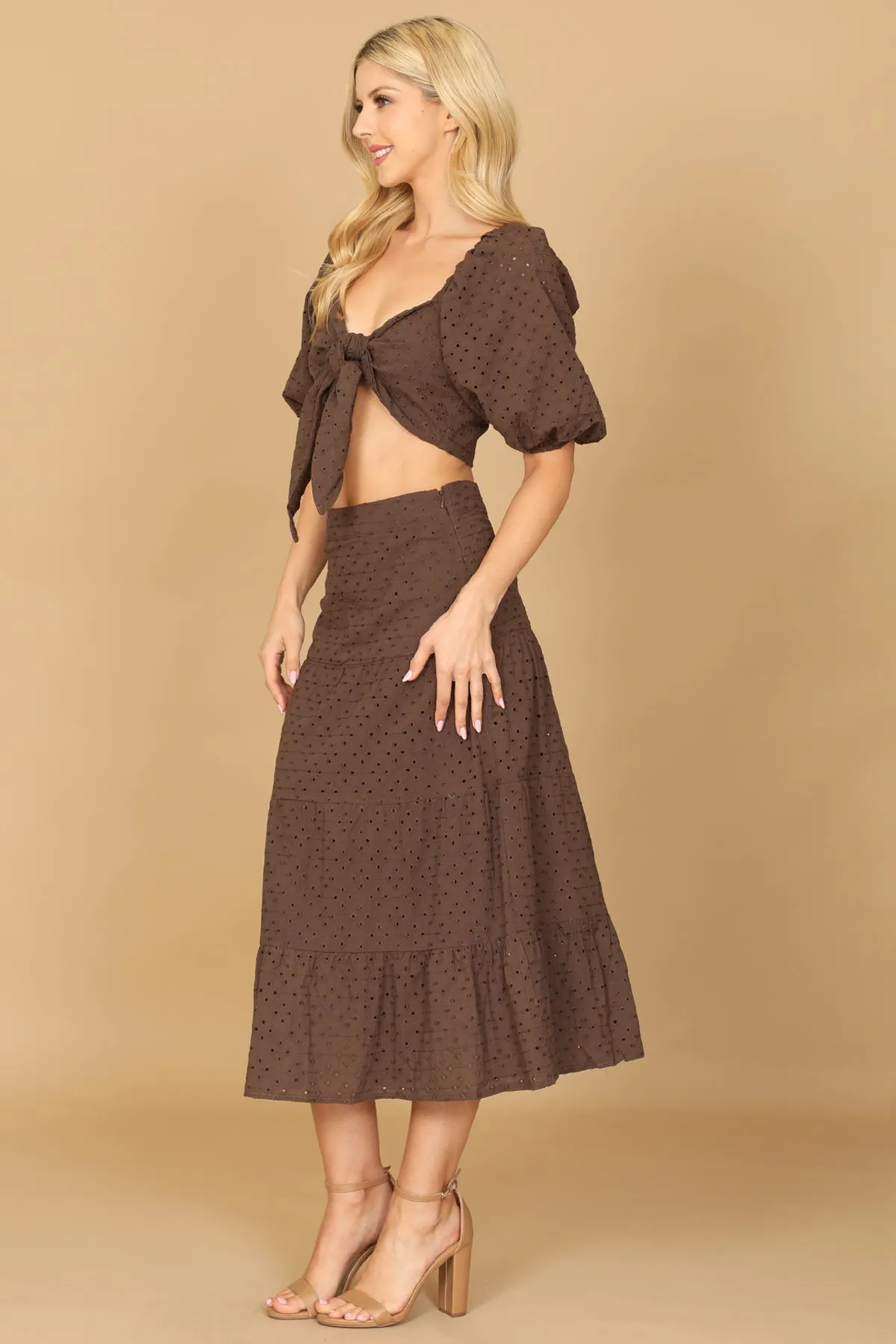 PUFF SLEEVE FRONT KNOT EYELET CROP TOP & SKIRT SET