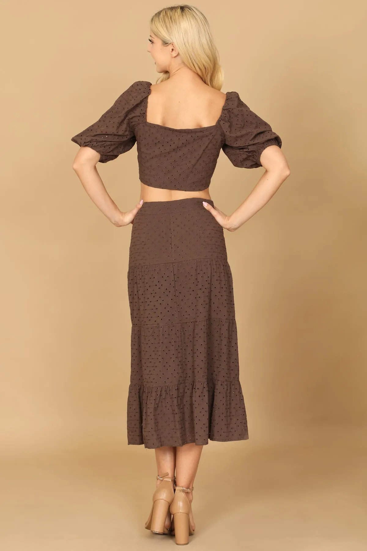 PUFF SLEEVE FRONT KNOT EYELET CROP TOP & SKIRT SET