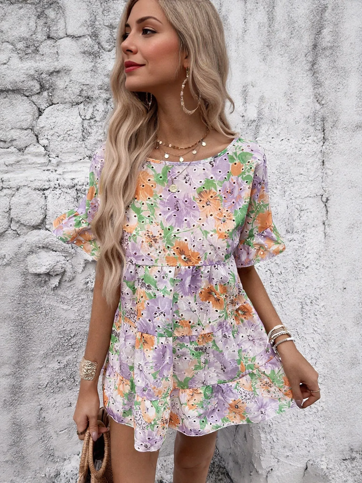 Purple Floral Printed Schifley Mini Dress