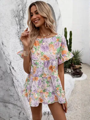Purple Floral Printed Schifley Mini Dress