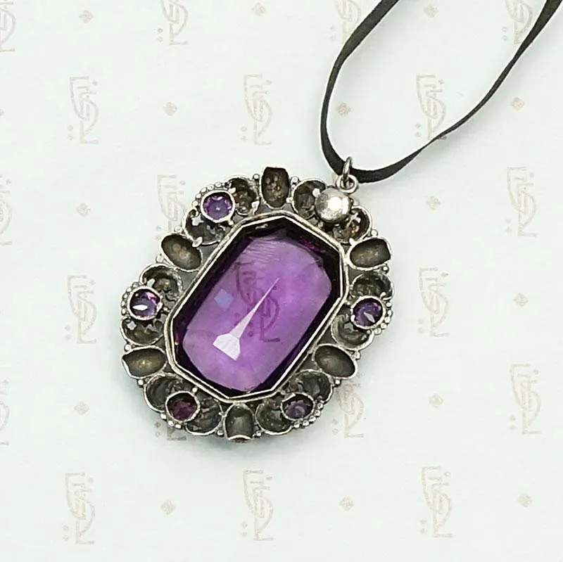 Purple Glass and Silver Pendant on Silk Ribbon