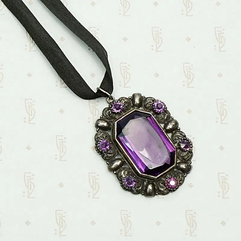 Purple Glass and Silver Pendant on Silk Ribbon