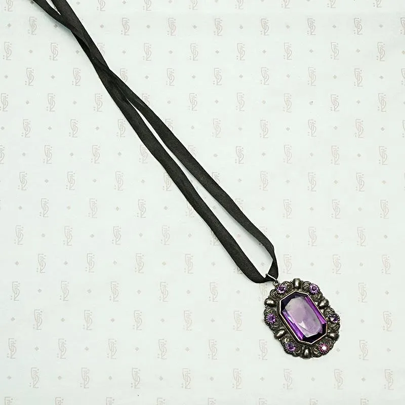 Purple Glass and Silver Pendant on Silk Ribbon