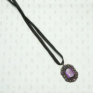 Purple Glass and Silver Pendant on Silk Ribbon