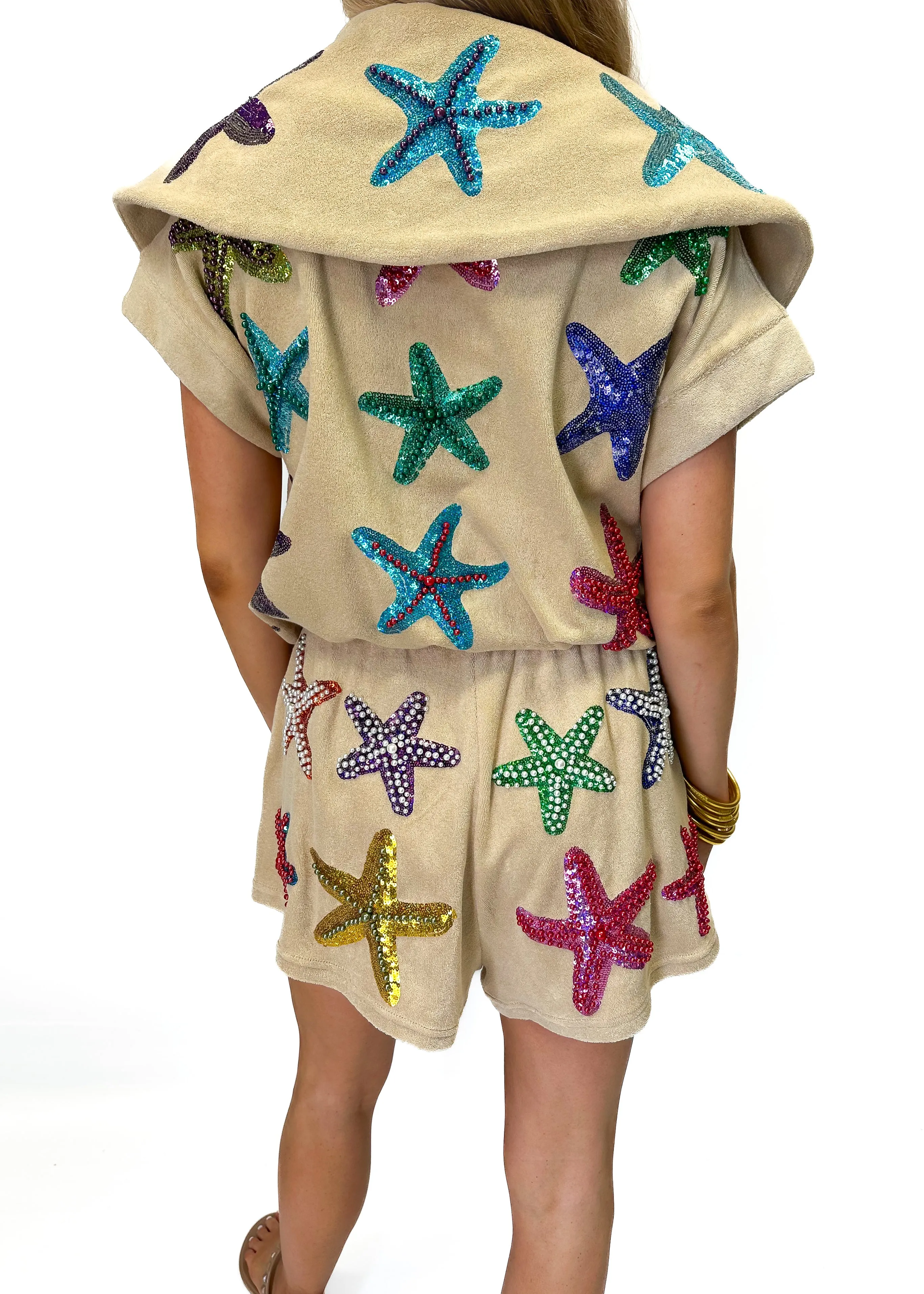 Queen of Sparkles Beige Terry Cloth Beaded Starfish ZIP Collar Top