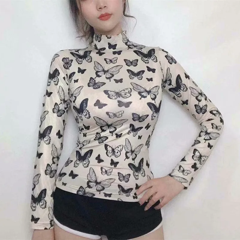 "BUTTERFLY HIGH COLLAR TIGHT" LONG SLEEVE TOP K060402