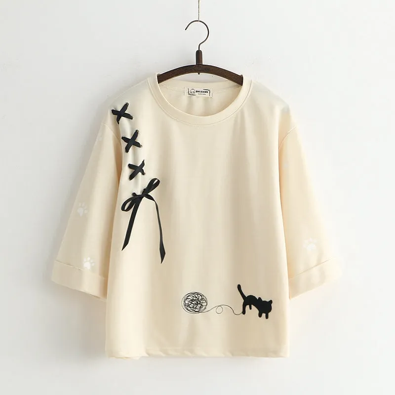 "CUTE CAT EMBROIDERY" T-SHIRT D072017