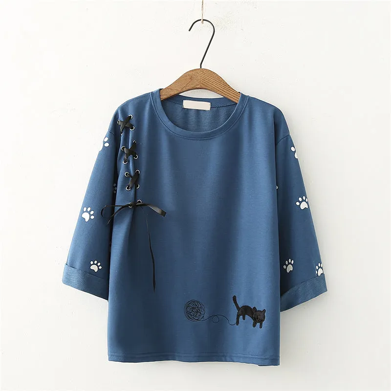 "CUTE CAT EMBROIDERY" T-SHIRT D072017