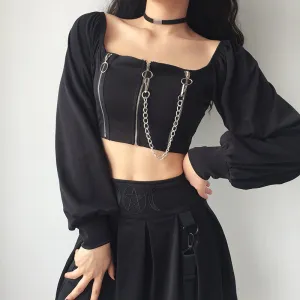 "DARK CHAIN SQUARE COLLAR PUFF SLEEVE" TOP K111608