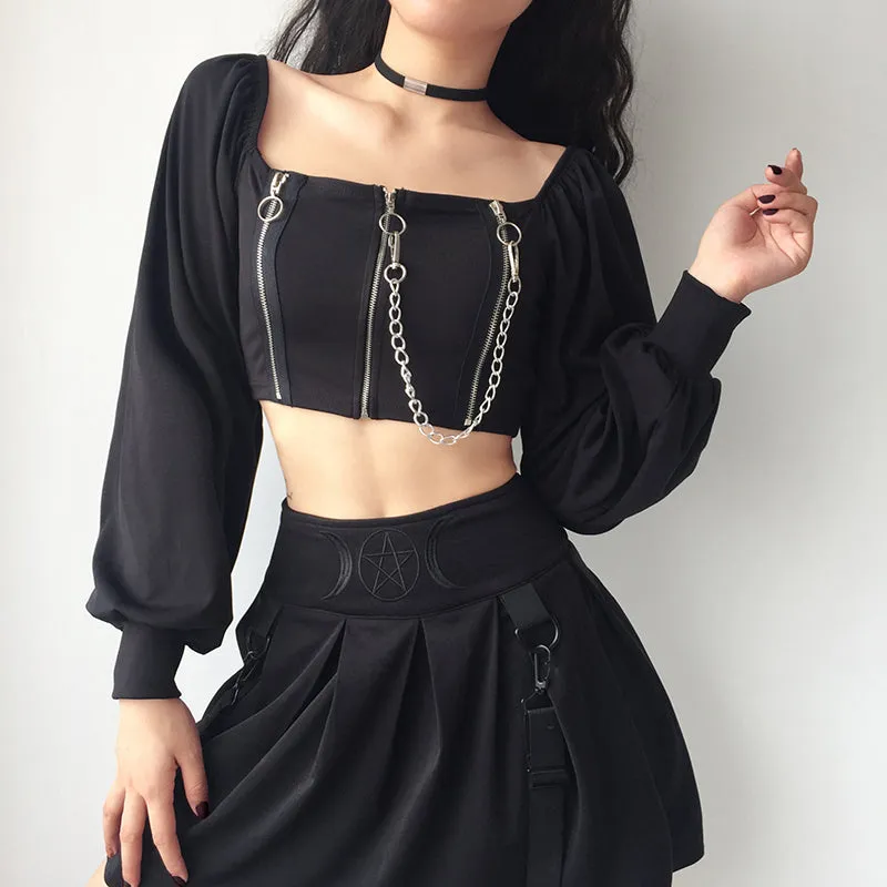 "DARK CHAIN SQUARE COLLAR PUFF SLEEVE" TOP K111608