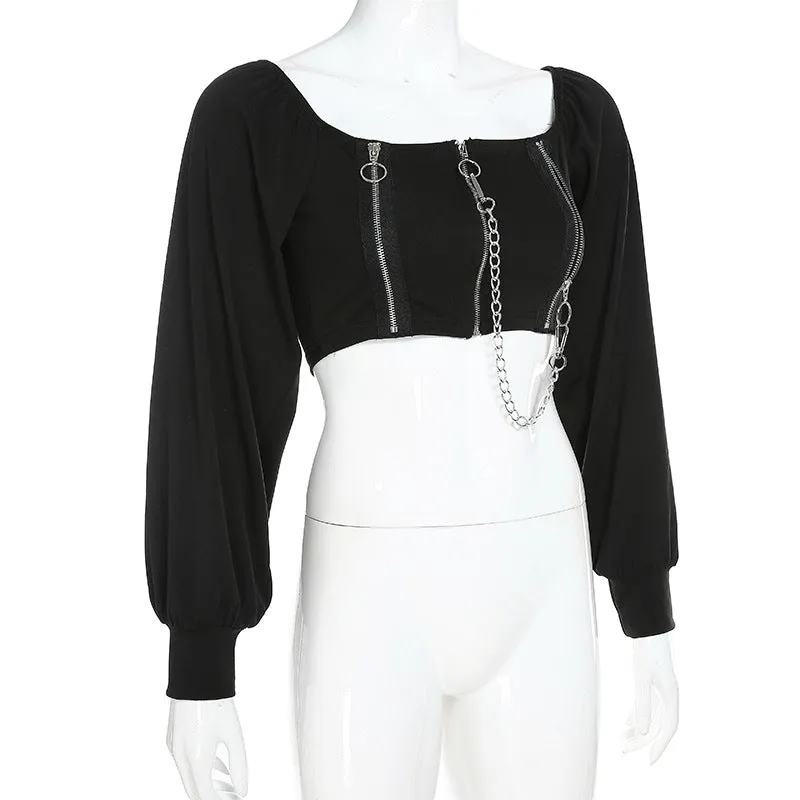 "DARK CHAIN SQUARE COLLAR PUFF SLEEVE" TOP K111608