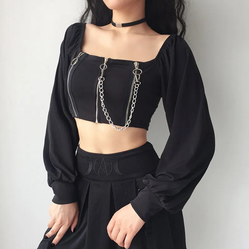 "DARK CHAIN SQUARE COLLAR PUFF SLEEVE" TOP K111608