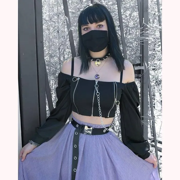 "DARK CHAIN SQUARE COLLAR PUFF SLEEVE" TOP K111608