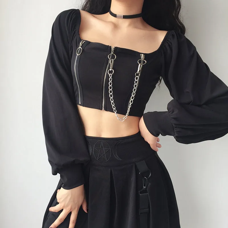 "DARK CHAIN SQUARE COLLAR PUFF SLEEVE" TOP K111608