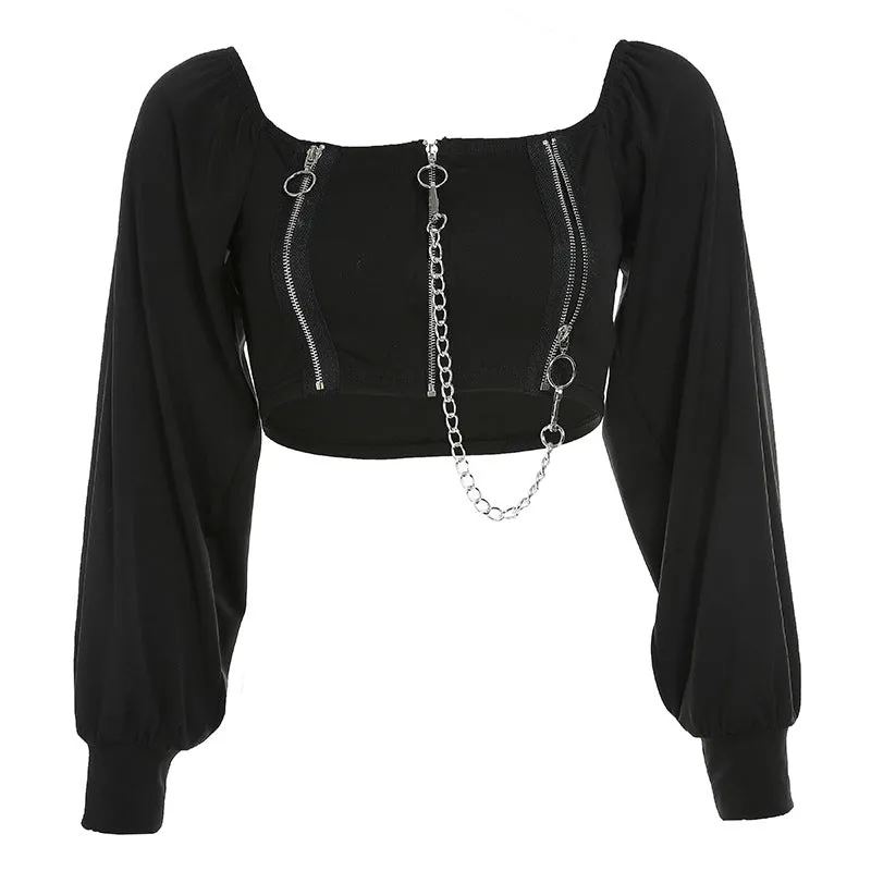 "DARK CHAIN SQUARE COLLAR PUFF SLEEVE" TOP K111608